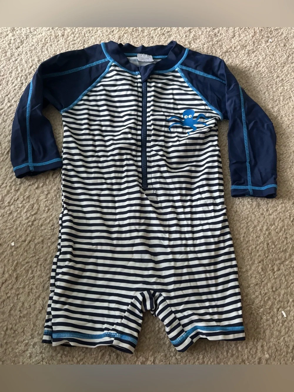 Blue White Striped Baby Boy One Piece Swimsuit Romper Size 12-18M